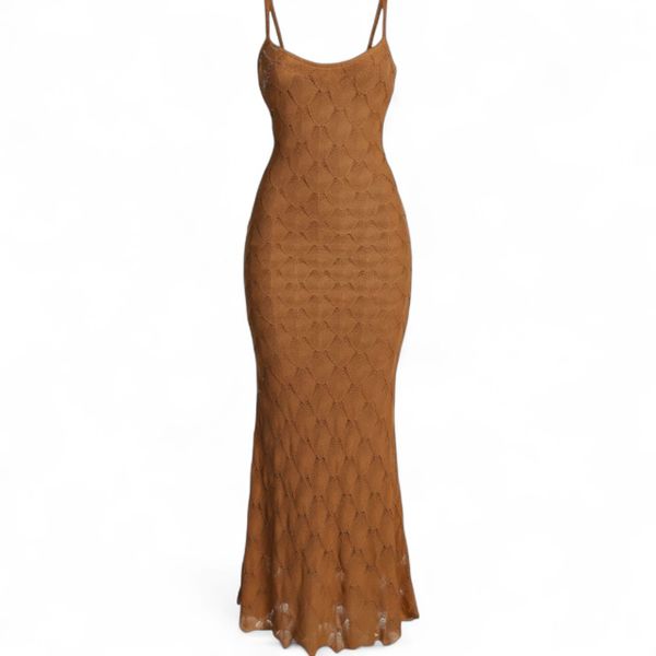 Elegant Knitted Mesh Long Summer Dress Brown