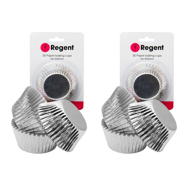 Regent Cake Cups Silver Foil 50X32.5mm 2 Pack 100 Pieces