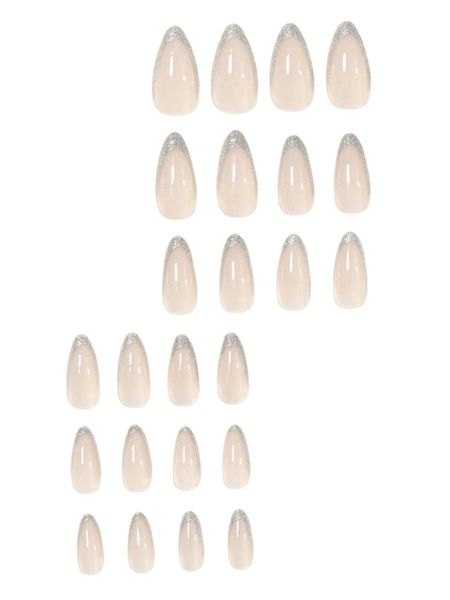 24 Piece - Almond Shaped Glitter French Art Design Nails - Silver