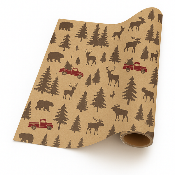 Forest Christmas Giftwrap - 5m Roll - Brown Kraft, Woodland &amp; Truck Print