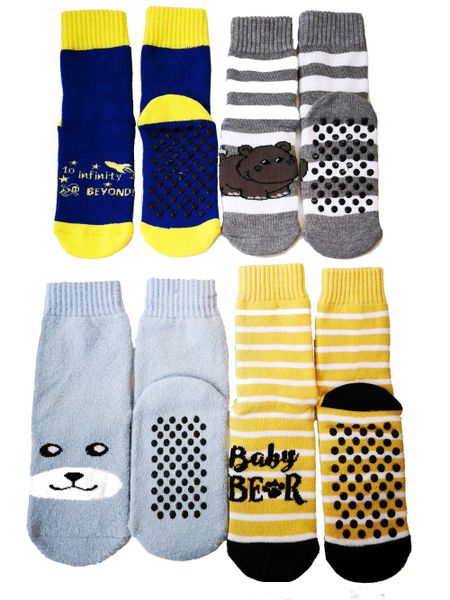 Kids Slipper Socks with Non-Slip Grip Pads - Assorted Pack of 4