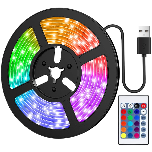 5M Multicolor USB 5050 LED Strip Lights with Sticky Adhesive - Black