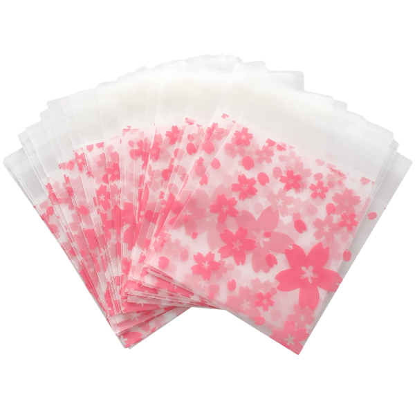 100Pcs Floral Design Self-Adhesive Resealable Plastic Gift Bags - Pink