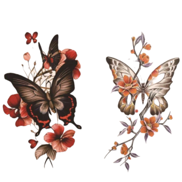 Floral Butterfly Embrace Temporary Tattoo Set - Red and Orange