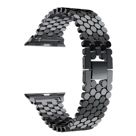 Octagonal Design Metal Compatible Apple Watch Strap With Adjustable Links - Black Image