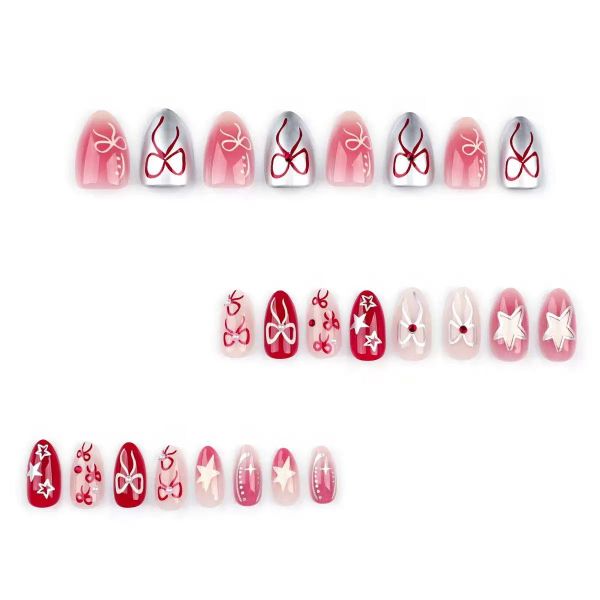 Press On Nail Stickers Short Almond Shaped Red Bow False Nails