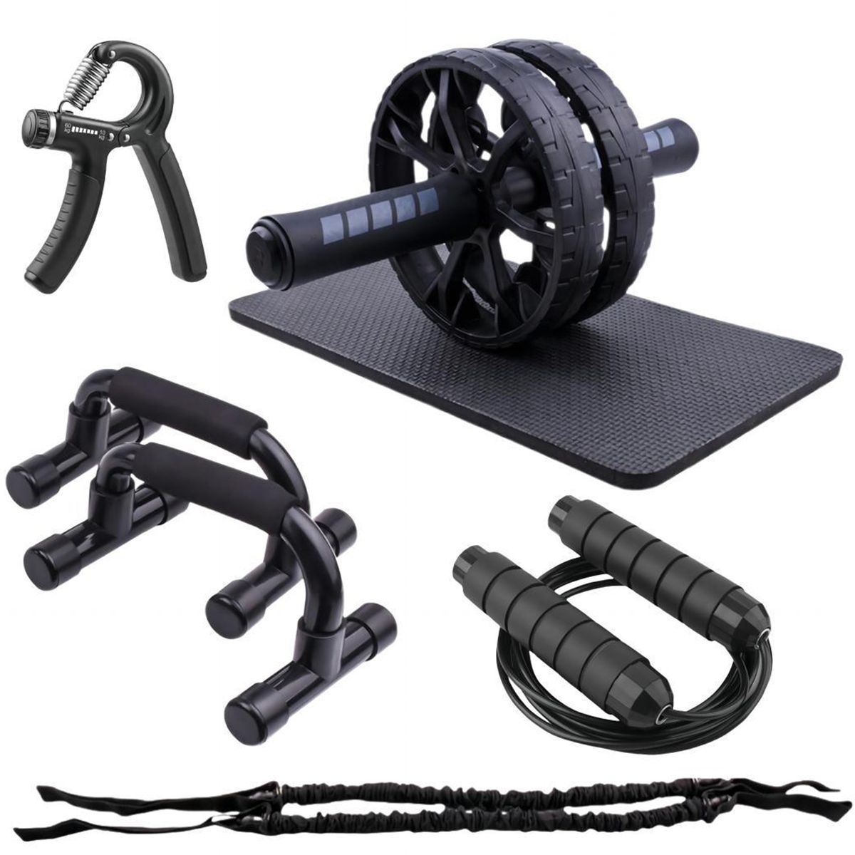 Fitness Set Abs Wheel Push Up Bar Stand Hand Gripper Jump Rope Elastic Rope