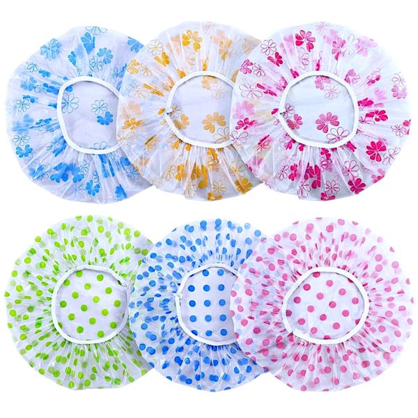 6 Piece - Reusable Waterproof Shower Cap - Floral &amp; Polka Dot Design Set