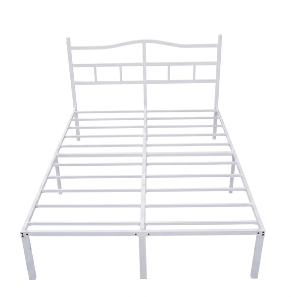 Queen Size White Metal Bed Frame, Sturdy Platform Bed with Headboard