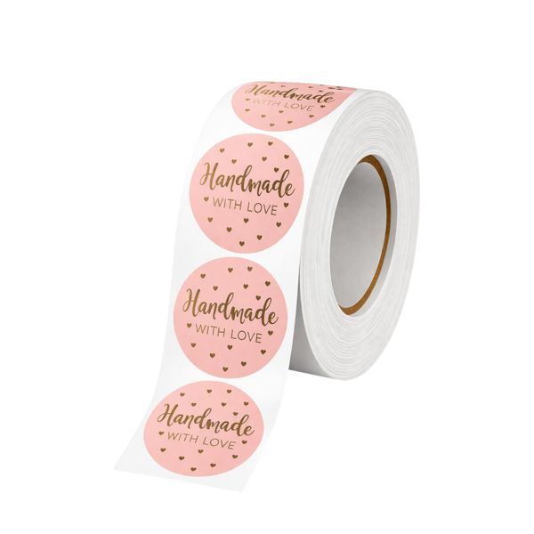 500 Piece Handmade With Love Round Sticker Roll - Pink &amp; Gold