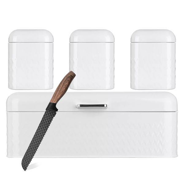 5 Piece - Elegant White Kitchen Lover Bread Bin with Matching Canisters Set