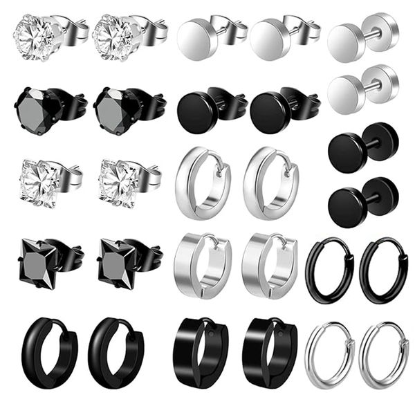 14 Pairs Surgical steel Earrings for Men Women, Black Stud Earrings Set