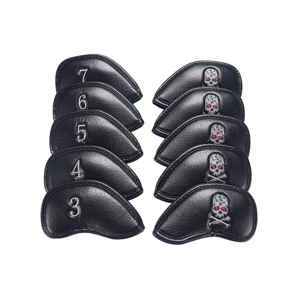 Skull PU Leather Golf Iron Head Covers Set - 10-Piece - Black