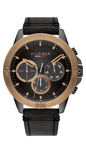 Tommy Hilfiger Harley - 46mm, Gold Ip Case, Black Dial &amp; Leather Strap