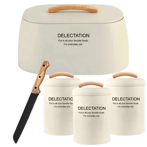 Metal Bread Holder with Bamboo Handle with Matching Canister Combo Set