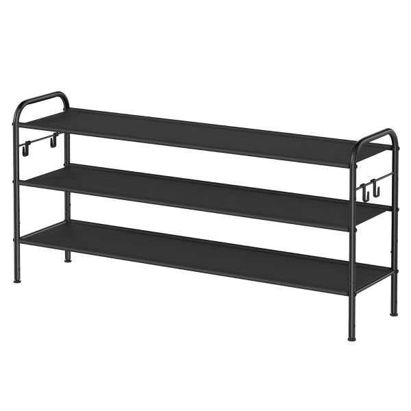 3-Tier Shoe Rack with Hooks - Fabric Shelves, Black