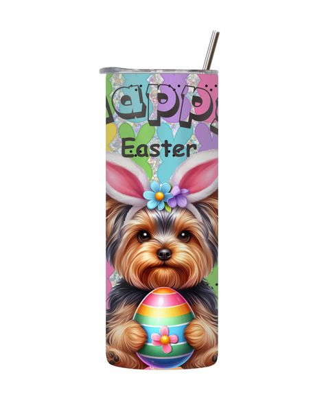 Yorki 20 Oz Tumbler with Lid and Straw Graphic Dog Easter Design Present084
