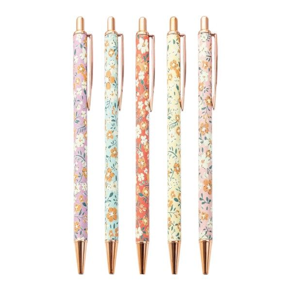 5 Piece - Metal Ballpoint Pens With Assorted Floral Prints - Multicolor