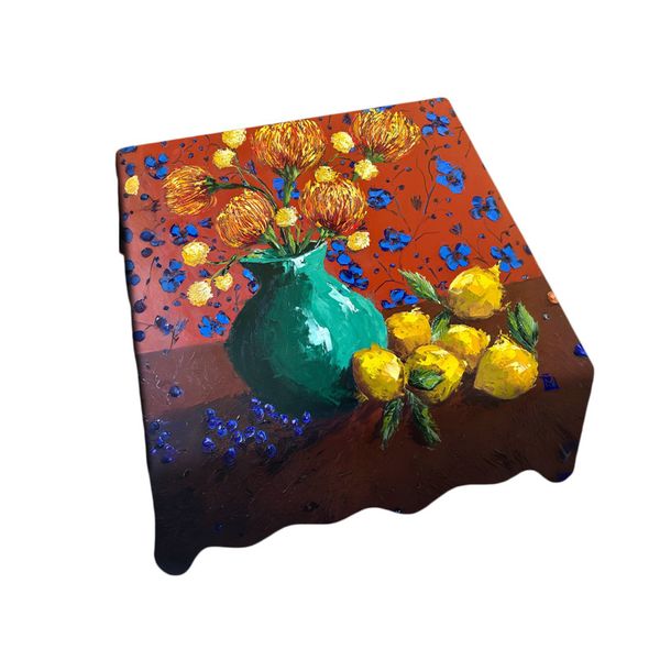 Pincushion-Protea-And-Lemons-Square-Tablecloth-by-Juanette-Menderoi