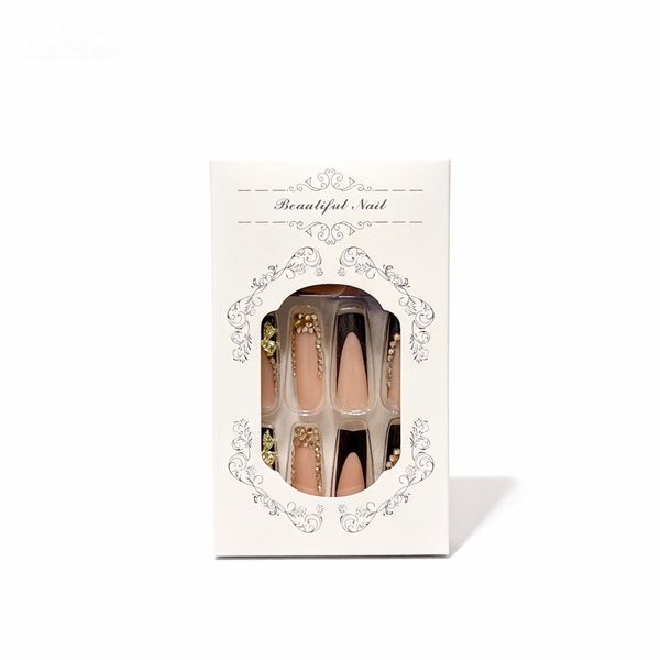 Press On Nails French Tip Bow Rhinestone Black