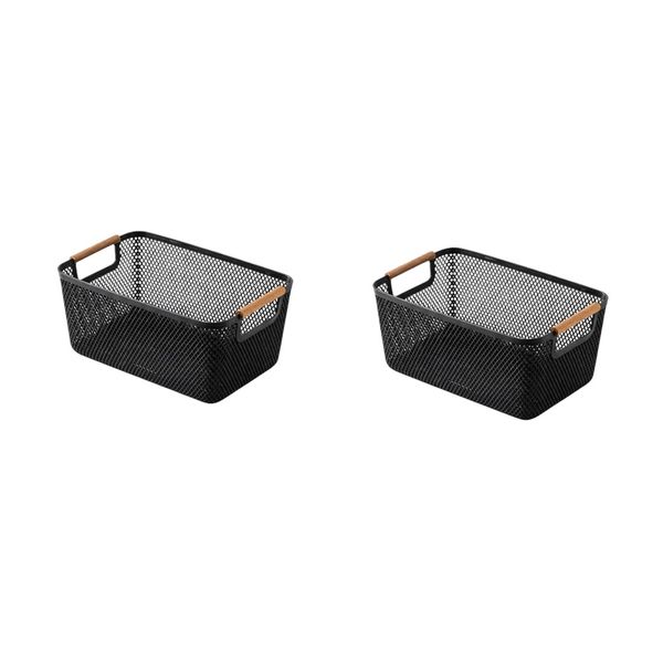 2 Pack - Hollow Plastic Storage Basket With Wooden Handles - Black