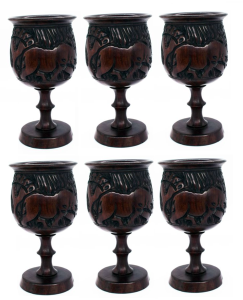 African Hand Carved Wooden Wine Chalice / Goblet - Set Of 6