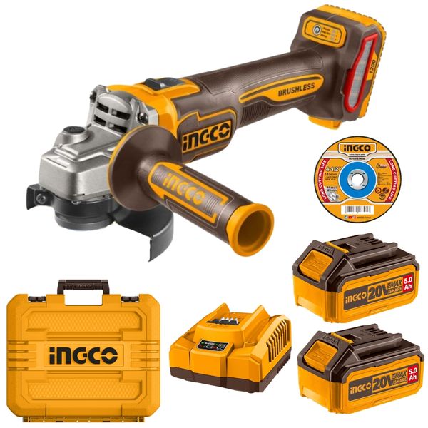 Ingco - Brushless Grinder (1200W) - 115mm with 2x 5Ah Battery and Charger