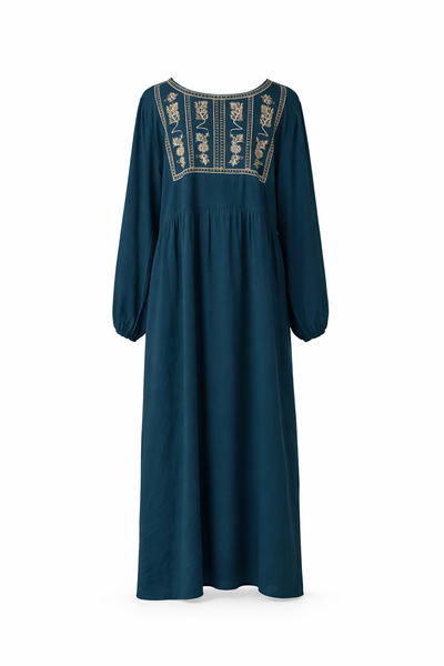 Teal Viscose Cotton Full-Length Embroidered Dress
