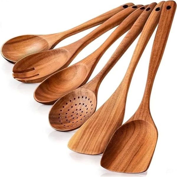 6 Piece Wooden Kitchen Utensil Set Natural Teak Spoons for Home Cooking