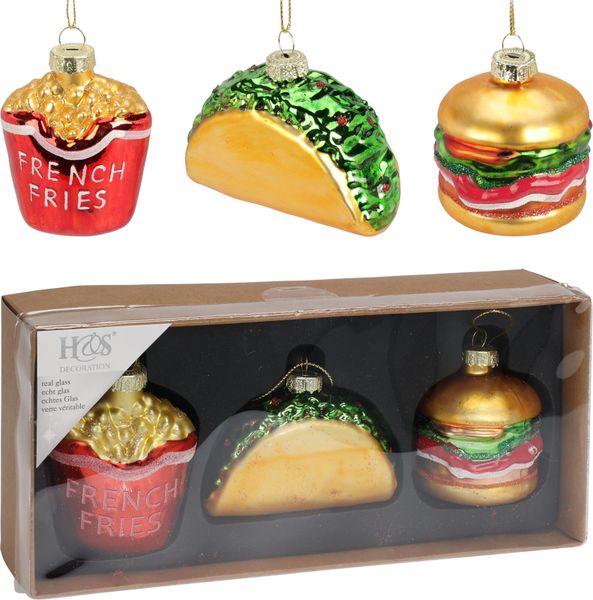 Glass Snack Ornament Set - 3pcs Hamburger, Chips &amp; Sandwich