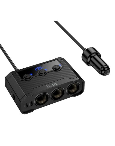 Hoco 3-in-1 Car Charger Hub Z64 - 2 USB-C, 2 USB-A, 3 Sockets, LED Display