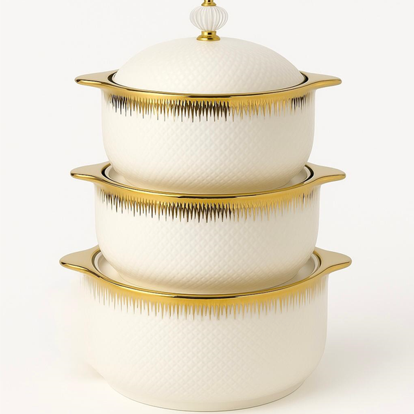 Gold Plated Double-Handled White Ceramic Serving Bowls with Lid - 3 Piece