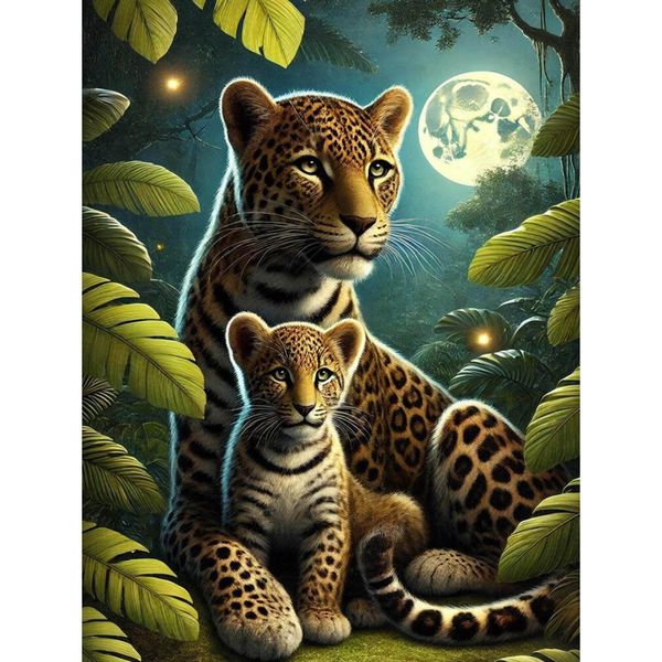 5D Diamond Painting Kit, Leopard Mother &amp; Cub, Jungle Art