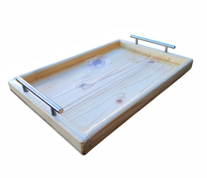 Elegant Pine Wood Serving Tray with Steel Handles