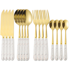 24-Piece Classy Marble Handle White and Gold Kitchen Cutlery Set | Shop