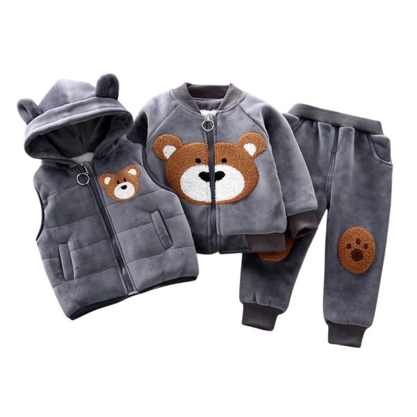 Warm Grey Furry Bear Fleece Three-piece Set for Boys