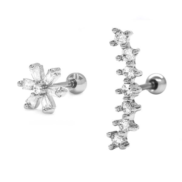 Androgyny 2 Piece Curved Piercing and Cubic Zirocnia Flower Piercing