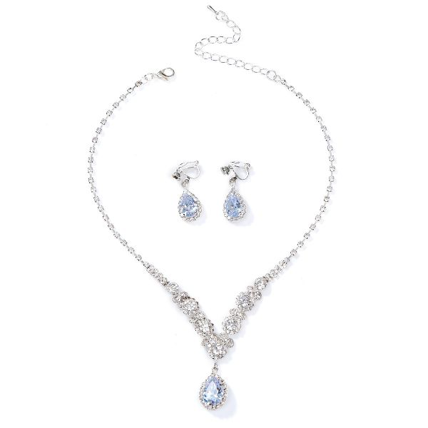 Silver-Plated Sea Blue Teardrop Zircon Jewellery Set Necklace