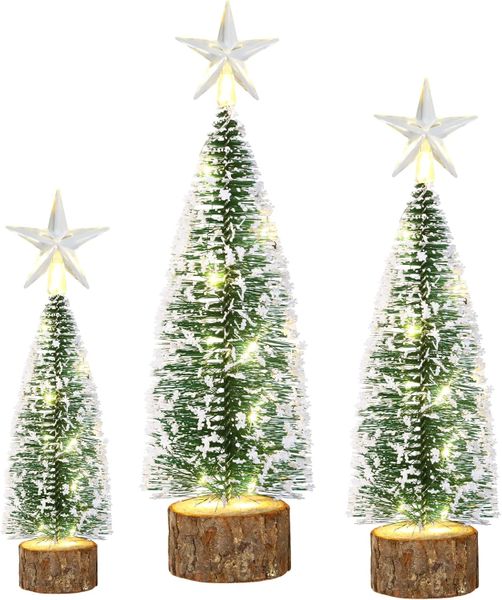 St Charles Mini Yule Bottle Brush Christmas Tree with Snow &amp;Led Light - 3pc