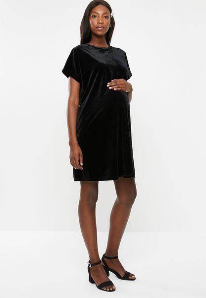 Women's Glamorous Maternity Velvet Shift Dress - Black