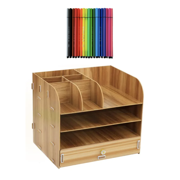 Urban Wooden Desk Organiser + 24 Felt Tip Colouring Pens