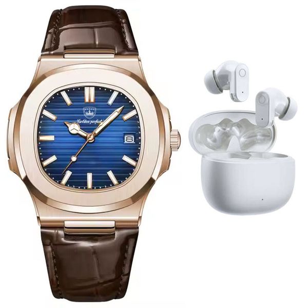 Men's Blue Dial Quartz Watch &amp; Bluetooth Earbuds Gift Set - Golden Perfect