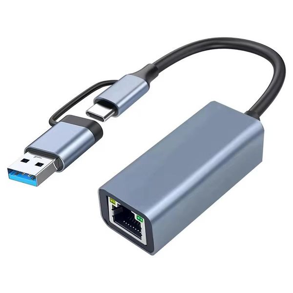 2-in-1 USB 3.0 + Type-C to Ethernet RJ45 LAN Adapter-100/1000Mbps - (GC)