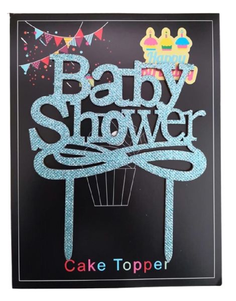 Baby Shower Wooden Cake Toppers in Blue Glitter