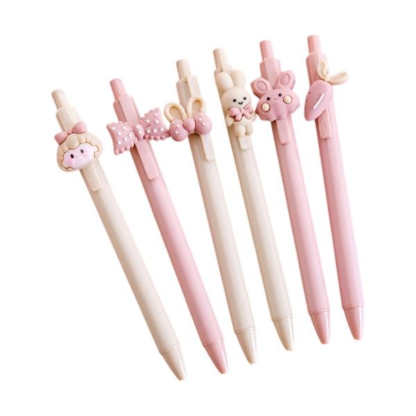 6 Piece - Cartoon Decor Pen Set - Pink &amp; Beige