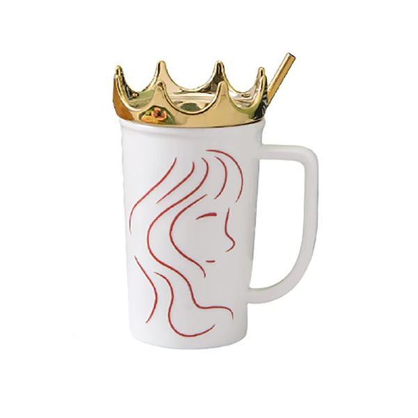 560ml Woman Face Art Ceramic Mug With Gold Crown Lid And Straw Set - Black