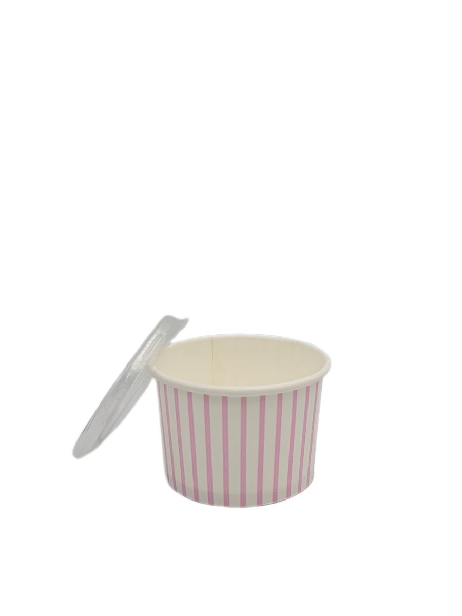 Pink Striped Ice Cream Tub 90ml with Clear Ice Cream Lid Pack of 50