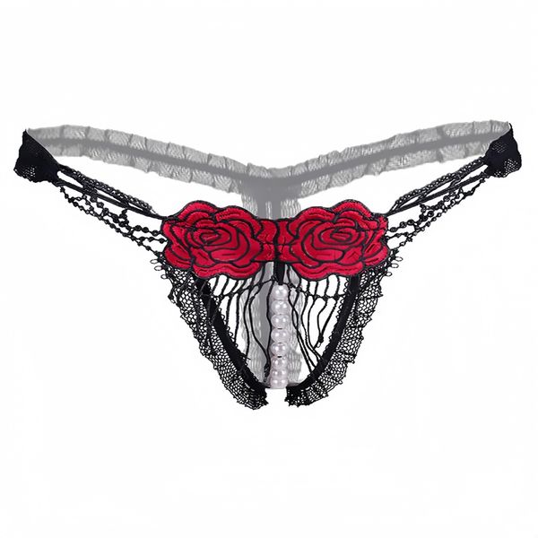 Black Lace Roses And Pearls Crotchless Panties Thongs for Ladies