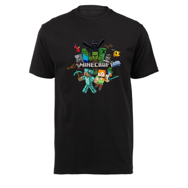 MEJ Kids Black Cotton Short Sleeve - Minecraft Grey