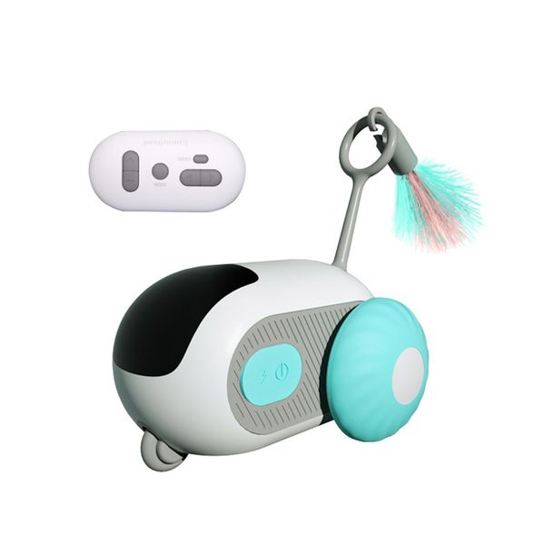 Blue USB Remote Control Electric Smart Interactive Cat Toy Car With Feather